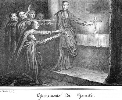 Scene depicting Jesuites taking oath. Engraving from the end of the 19th century by Unknown artist