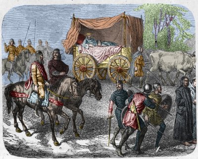 Scene depicting the lazy kings: King of France Thierry III carries in a tank with a bed pulled by oxen. by Unknown artist