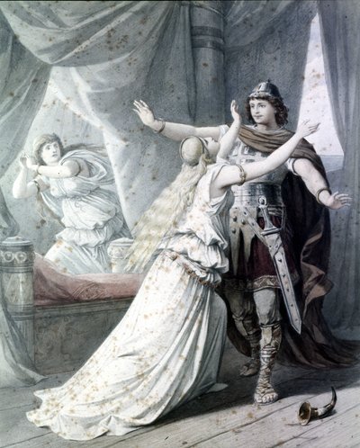 Scene of “Cola Rienzi, the last of the Tribuns”, opera by Richard Wagner representing the Heros Rienzi with Irene in the Capitol Palace. 1842. Engraving by Unknown artist