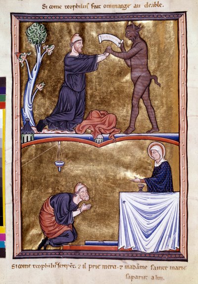 Scenes from the life of the monk Saint Theophile the Penitent (6th century). Miniature from "Psalter of Ingeburg of Denmark", circa 1210. Sainte Genevieve Library by Unknown artist