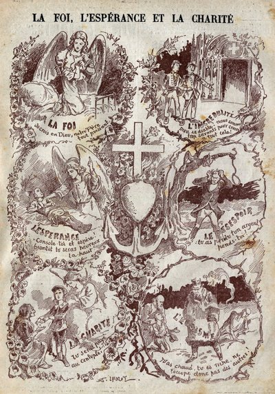 Scenes illustrating Faith, Hope, Charity and their opposite, Incredulity, Desperation and Egoism. Illustration in 