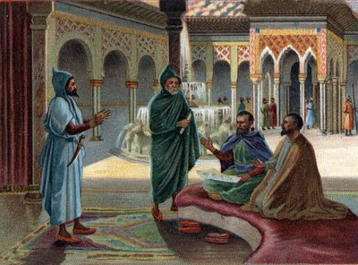 Scenes of Disappeared Kingdoms: Moorish Council (Moorish, name given to Arabs who occupied part of Spain) in the Alhambra Palace in Granada. Granada is the last Moorish state, finished in 1482. Chromolithography of the 19th century by Unknown artist
