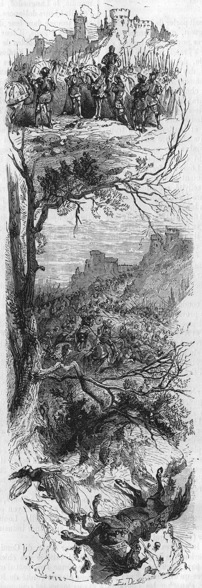 Scenes of battles: Louis XI gave a necklace to Raoul de Lannoi (1481), Combat de Therouanne (1480) and Marie de Bourgogne injured by a fall of a horse (1482) (19th century engraving) by Unknown artist