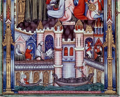 Scenes of Construction and Navigation Work in Paris in the Middle Ages from the Manuscript Life of Saint Denis by Yves by Unknown artist