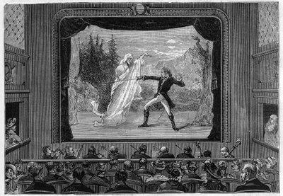 Scientific shows: living spectra. Experience the spectra on the theatre stage. A comedian fights a ghost. Engraving in 