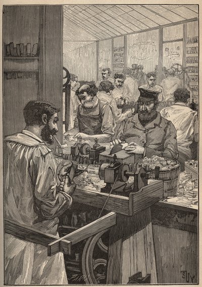 Sea squim: manufacture of sea squim pipes. Engraving from 1885 in 