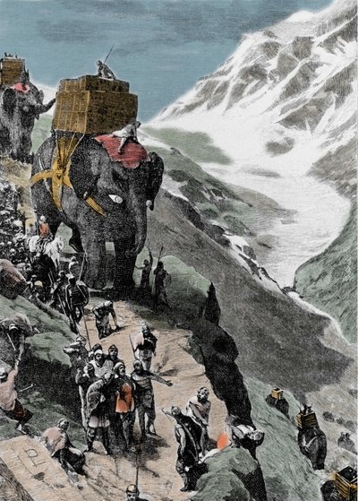 Second Punic War. The army of Hannibal Barca crossing the Alps, 218 BC. Italian engraving of the 19th century by Unknown artist
