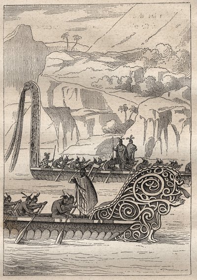 Second voyage (1772-1775) by Captain James Cook (1728-1779): Neo-Zelandans war canoes (Neo Zelandaises) - illustration taken from 