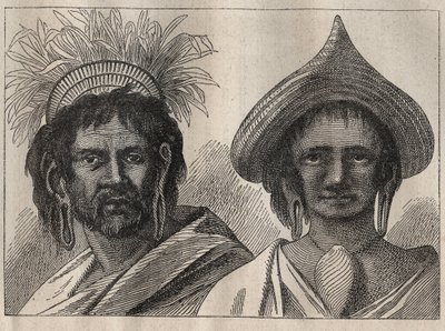 Second voyage (1772-1775) by Captain James Cook (1728-1779): man and woman of Easter Island - illustration from The Great Mariners of the 18th century by Unknown artist