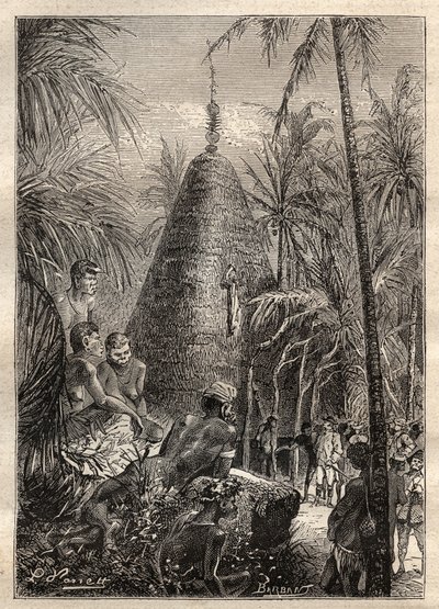 Second voyage (1772-1775) by Captain James Cook (1728-1779): traditional circular house, on the roof of a considerable elevation (New Caledonia) - illustration taken from 