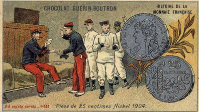 Series Histoire de la Monnaie Française published by Chocolat Guérin Boutron. Chromolithography 19th century. 25 cent coin. Nickel 1904 by Unknown artist