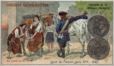 Series Histoire de la Monnaie Française published by Chocolat Guérin Boutron. Chromolithography 19th century. Liard from France. Louis XIV in 1687 by Unknown artist