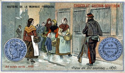 Series Histoire de la Monnaie Française published by Chocolat Guérin Boutron (Chromolithography 19th century). 20 centimes coin in 1870 by Unknown artist