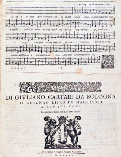 Sheet music page of the Madrigals (2nd book) by Giuliano Cartari of Bologna by Unknown artist