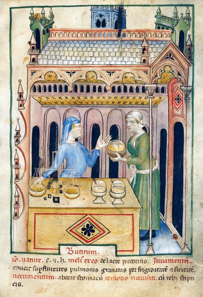 Shop with butter bread and two women, illustration from Tacuinum sanitatis by Unknown artist