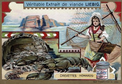 Shrimp and lobster, with a young fishing woman, carrying her basket and a large net - Liebig chromolithography by Unknown artist