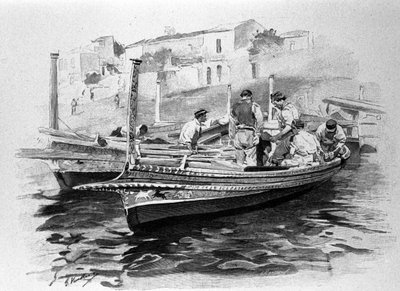 Sicilian fishermen from Lipari region. 19th century engraving by Unknown artist