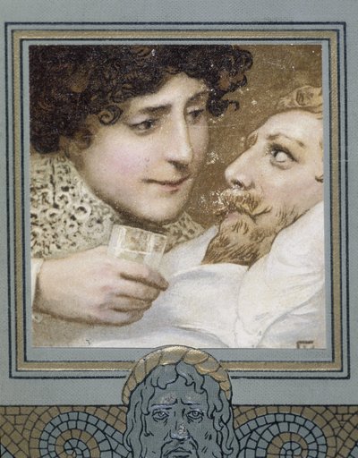 Sick man and woman giving him a glass of water - 19th century by Unknown artist
