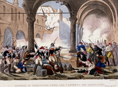 Siege of Zaragoza and the Capuchin Convent in 1808 (Colour Engraving of the Period, Milan) by Unknown artist