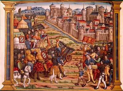 Siege of a City with Bombs: Louis XI against the Liegeois. Miniature from the manuscript Les epitaphes des feux kings Louis XIth of this name and from Charles his son VIII of this name that god absoe by Unknown artist