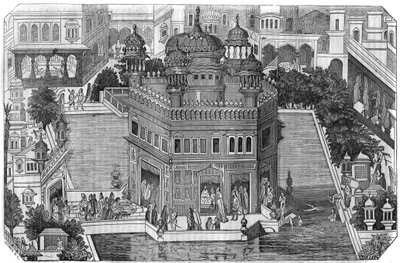 Sikhism: view of the Golden Temple (Harmandir Sahib), the cultural center of Sikh religion, the basin and the city of Amritsar in the state of Indian Panjab (Kingdom of Lahore). In The picturesque store 1836 by Unknown artist
