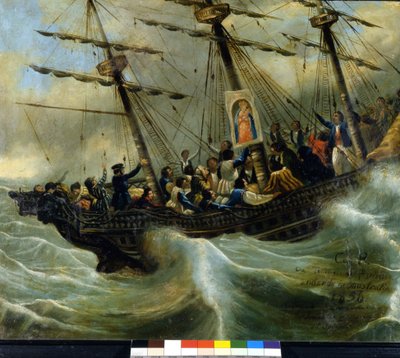 Sinking of a Swiss emigrant ship. Ex voto of 1856 from the sanctuary of the Madonna del Sasso in Locarno. Painting attributed to Giovanni Antonio Vanoni by Unknown artist