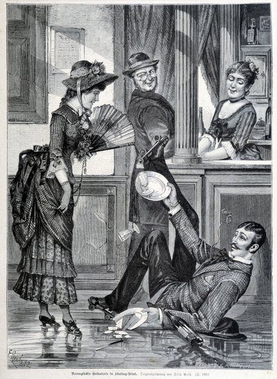 Skating scene in a brewery. A boy falls and breaks the plates he was wearing (1883) by Unknown artist