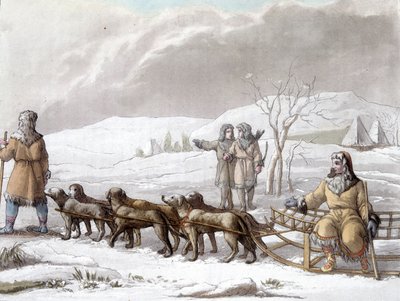 Sled of the Kamptschadales pulled by dogs, Siberia. Drawing by Gallina f. Bibliotheque des arts décoratifs de Paris. “Le costume ancien et moderne” by Unknown artist