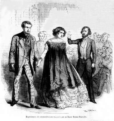 Sleepwalking experiences: magnetism and hypnosis at the Bazaar de la Bonne-Nouvelle, engraving from 1885 by Unknown artist
