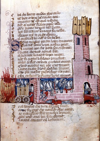 Song of gesture: combat scene near a fortified city (probably the conquest of Spain by the army of Charlemagne). Miniature from the French-Italian manuscript 