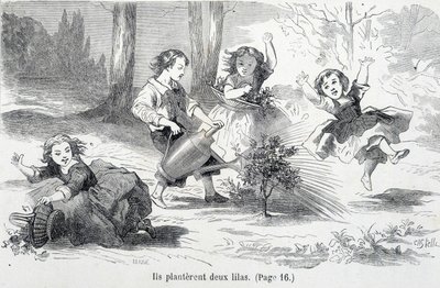 Sophie and her friends plant lilac - in The misfortunes of Sophie by the Countess of Ségur, Hachette by Unknown artist