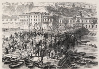 South American Hispano War between Chile and Spain, September 1865: the ladies of Valparaiso, in the presence of the Spanish squadron blocking the port, sing patriotic hymns - Engraving in 