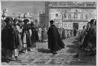 Spain 1880: the feasts of Santiago de Compostela, the procession of the pilgrims at the entrance of the Basilica by Unknown artist