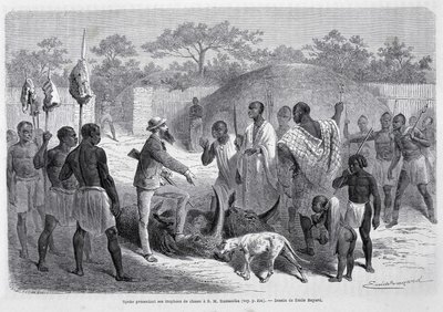 Speke presenting his hunting trophies to S.M. Rumanika - in Tour du Monde by Unknown artist