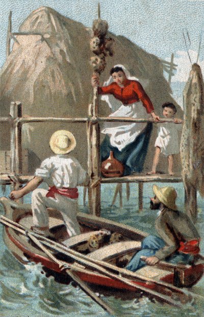 Sponge fishermen in Cuba. Chromolithography of the late 19th century by Unknown artist