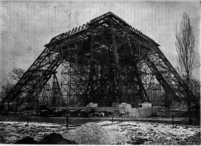 State of the construction of the Eiffel Tower in Paris at the beginning of March 1888. Engraving in the journal 