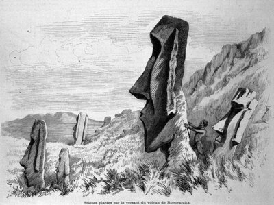 Statues placed on the slope of the volcano of Ronoraraka on Easter Island (Rapa Nui). by Unknown artist