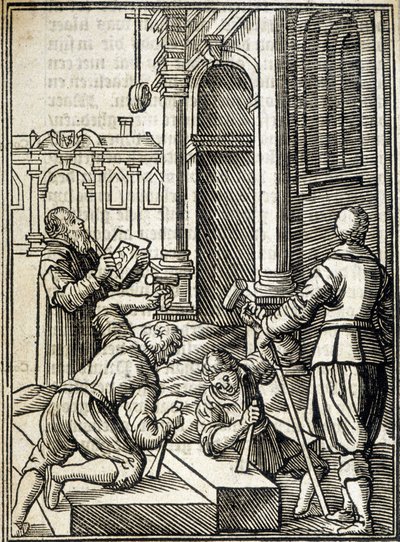 Stone cutters working on the construction of a cathedral - engraving by Unknown artist