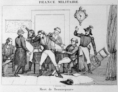 Suicide of Beaurepaire after the decision to return Verdun to the Prussians. Engraving of the 19th century by Unknown artist