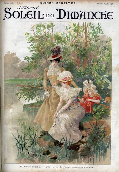 Summer fun: women playing a game of fishing. Engraving in 