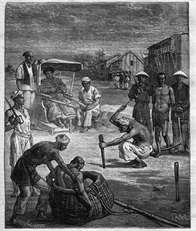 Supplice of two Pirates at Tonkin - The Tonkin Pirate - illustration for the novel by Pierre Mael (Charles Causse and Charles Vincent) engraving in 