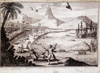 Surprise of the Indians at the landing of Christopher Columbus in Guadeloupe (caravels) - engraving by Unknown artist
