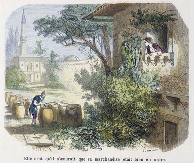 Tale: she believed that he was making sure that his goods were in order - in The Thousand and One Nights, ed. Emile Guérin, told by Md Bondet, Paris, n.d. by Unknown artist