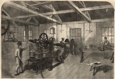 Telegraphy: manufacture of transatlantic cable in Glass, Elliot and Company plant in East Greenwich, England. Engraving in 