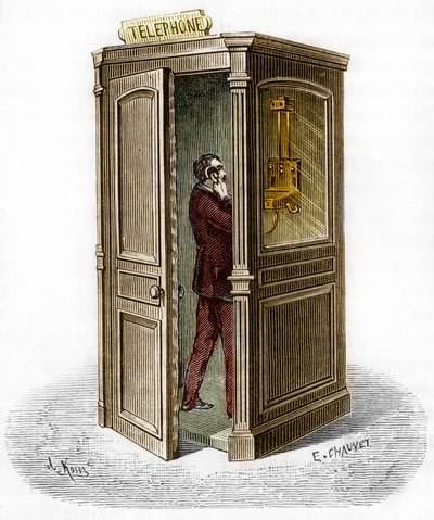 Telephone booth in 1888. Engraving in The Journal of Youth by Unknown artist