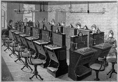 Telephony in Sweden: room of the central telephone office in Stockholm. Engraving in 