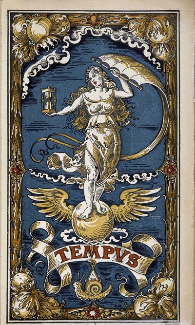 Tempus: allegory of time (feminine figure with hourglass, wind, wings), illustration for calendar 1889 by Unknown artist