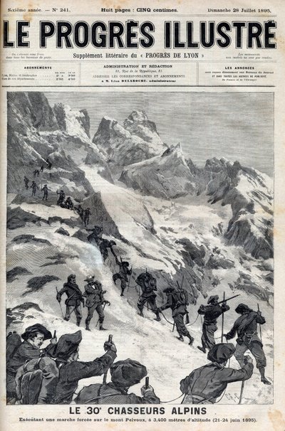 The 30th Alpine Hunters Carrying Out a Forced March on Mount Pelvoux at 3400 Metres Altitude on June 21-24 1895 - Engraving in 
