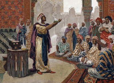 The Arab alchemist Geber (Jâbir ibn Hayyan) (v721-v815), etching chemistry. Barcelona 1881 by Unknown artist