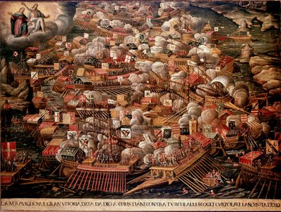 The Battle of Lepanto off the coast of Greece opposed a Spanish, Venetian and Pope forces to the Ottomans in 1571. Anonymous painting. 16th century. Venice Museo Correr by Unknown artist